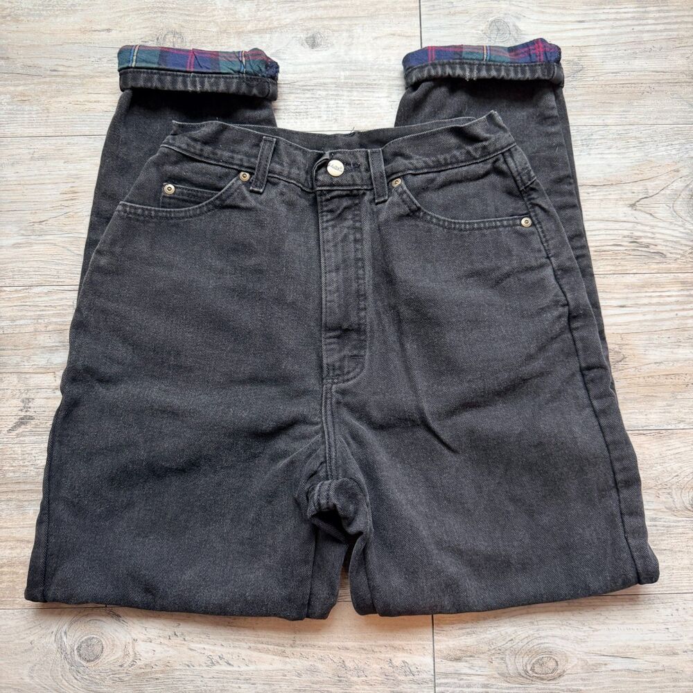L.L.Bean Flannel Lined Jeans 26x28 Black Denim Plaid Lining Straight Leg Vintage